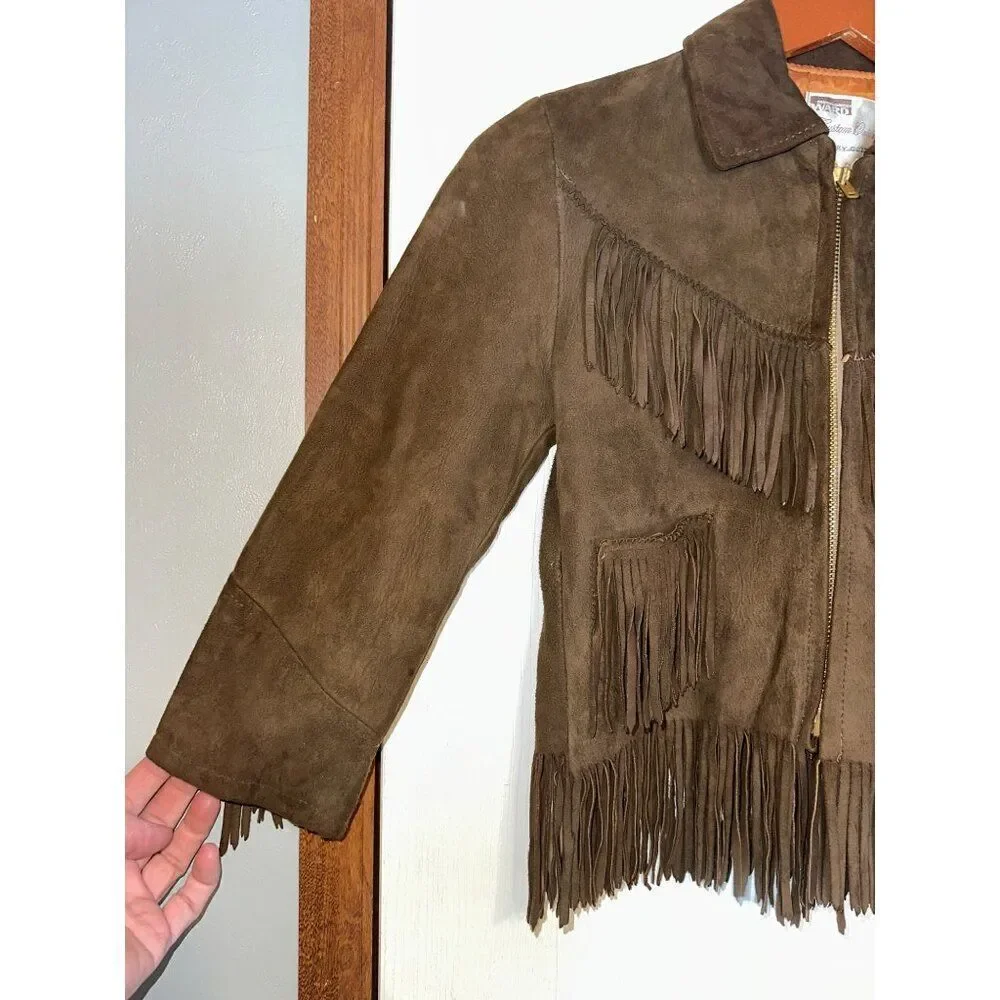 Vintage 1960’s Montgomery Ward Suede Fringe Girls Lined Leather Jacket Size12-14